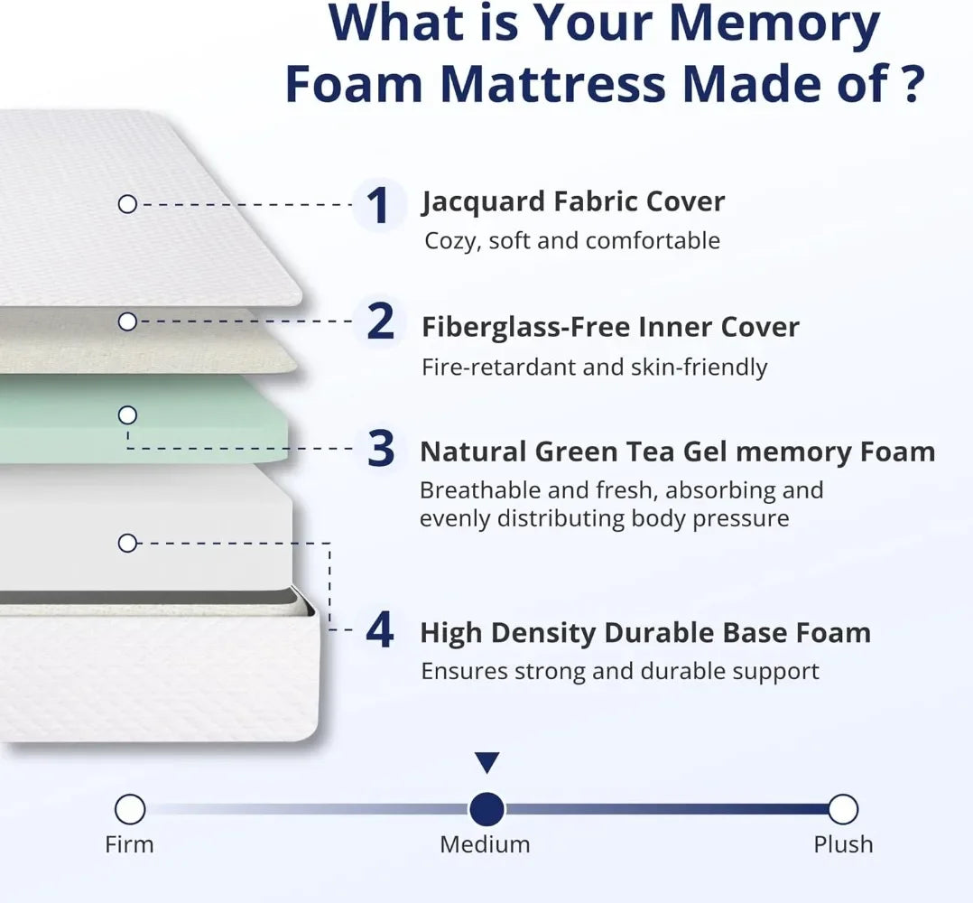 Ljustra TwinXL 10 Inch Green Tea Memory Foam Mattress Removable Cover