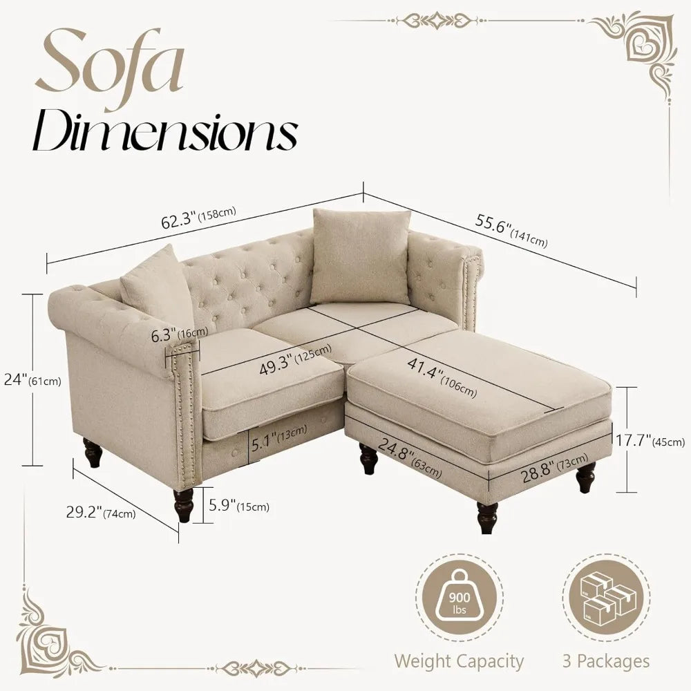 Classic Chesterfield Tufted Linen Loveseat Sofa with Gourd Legs