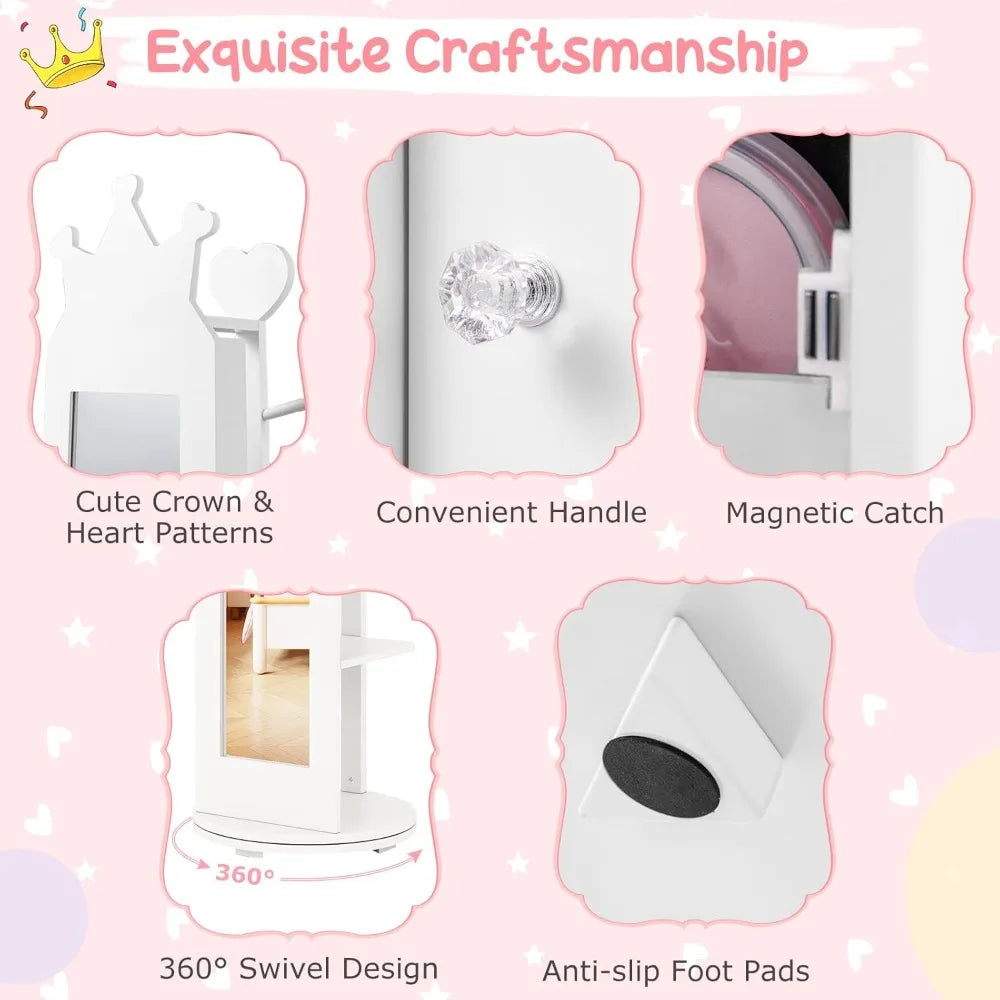 Kids Jewelry Armoire 360° Swivel Cabinet Full Length Mirror Garment Rack