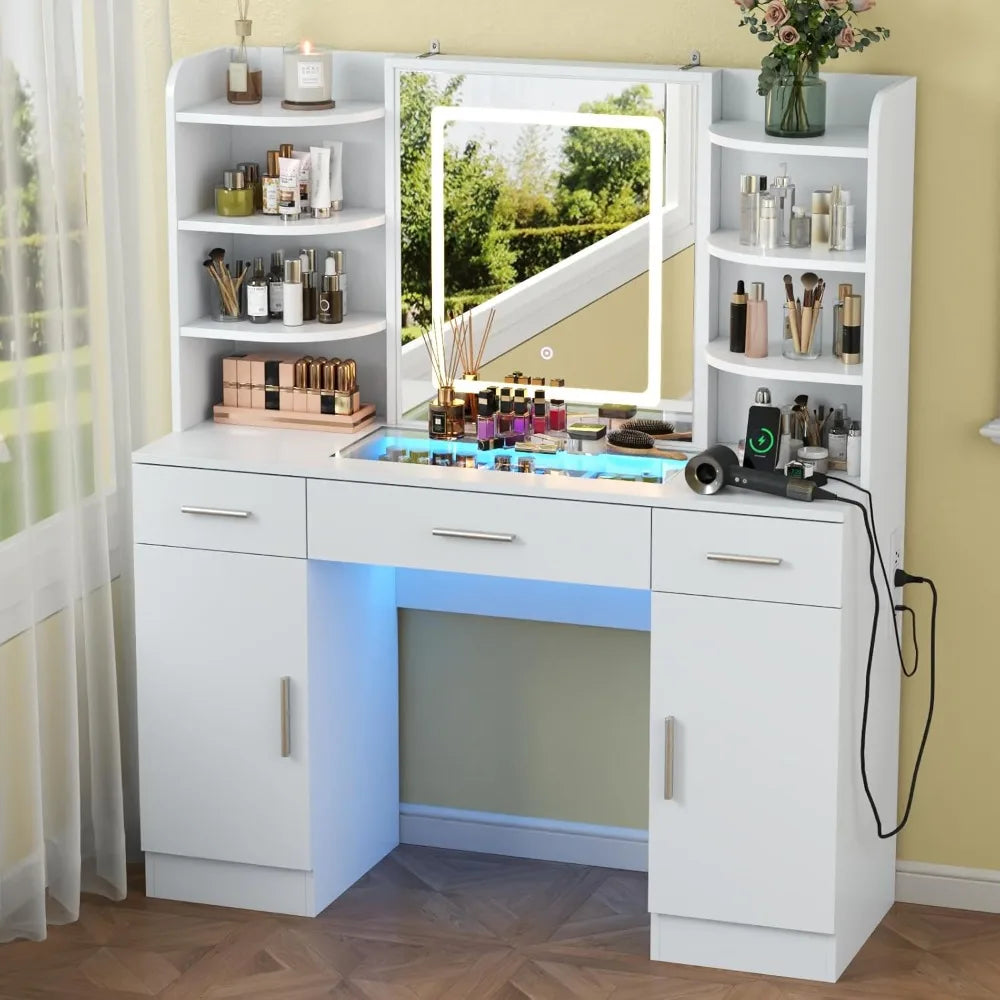 Vanity Desk with Lighted Mirror Power Outlet Makeup Table Storage