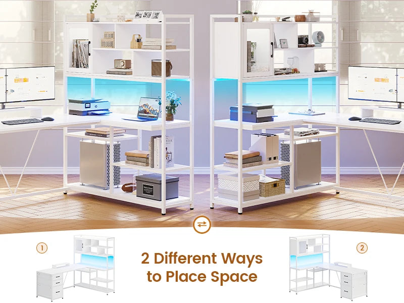 L Shaped Computer Desk with 3 Drawers and Bookshelf for Home Office