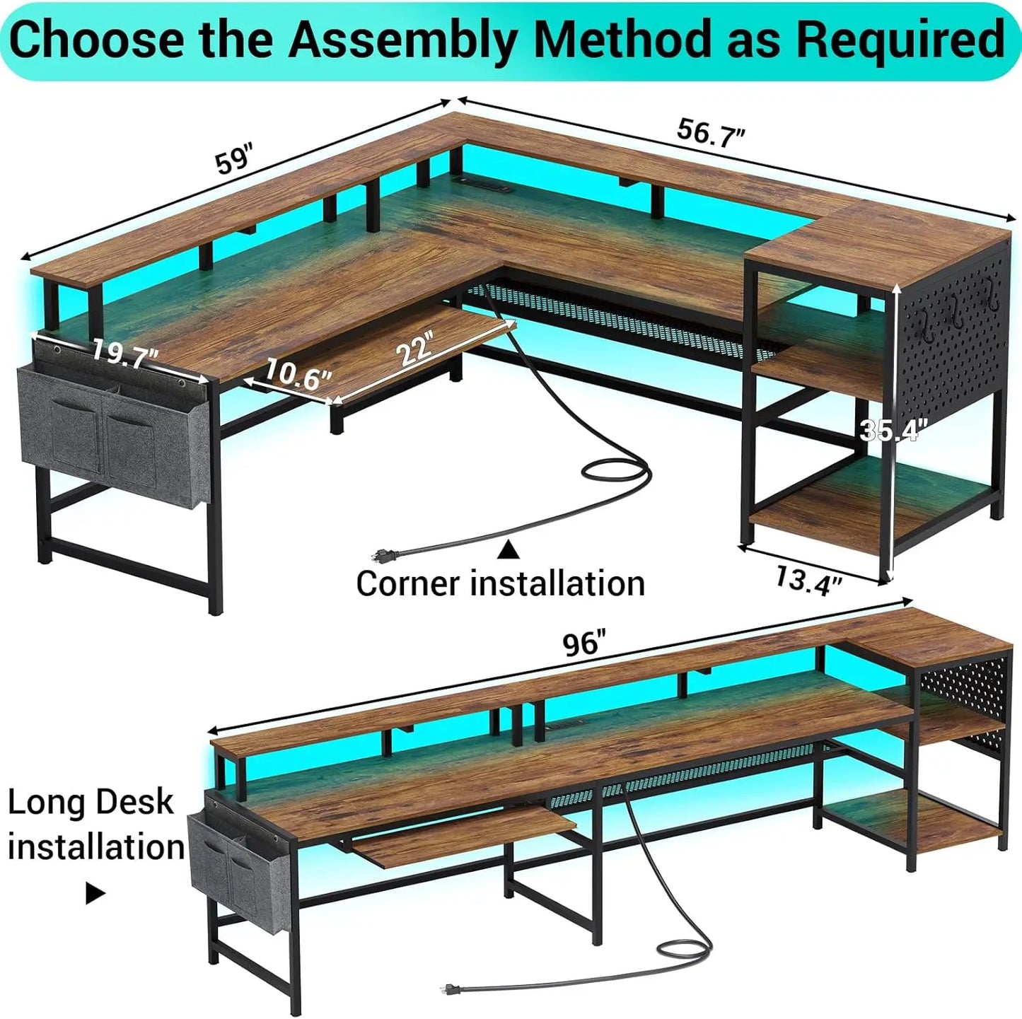 L Shaped Computer Desk with Power Outlets LED Strip Monitor Shelf Keyboard Tray