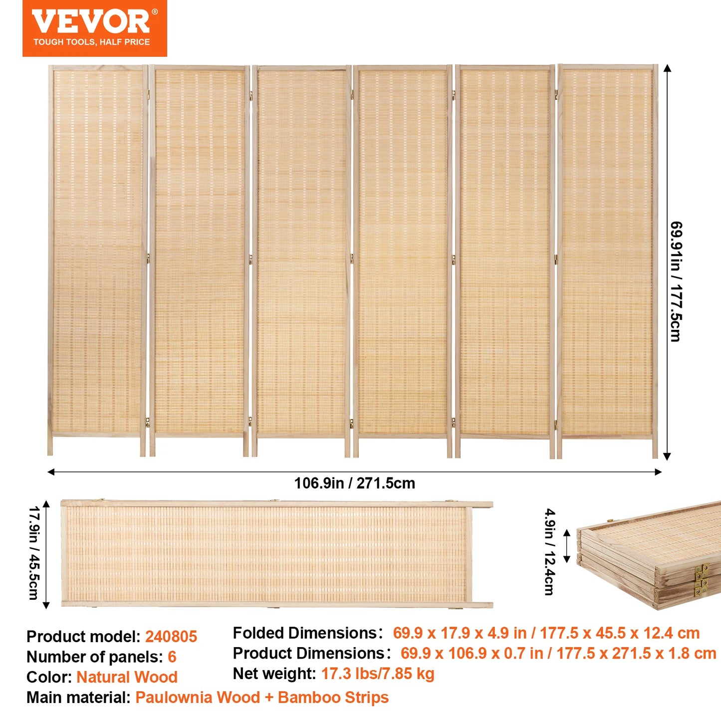 Ljustra 6 Panel Bamboo Room Divider Hand-Woven Folding Privacy Screen