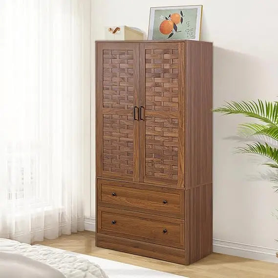 Stylish Freestanding Armoire Wardrobe with Drawers and Hanging Rail