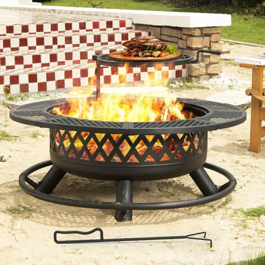 42 Inch Outdoor Fire Pit Table with Grill Wood Burning Metal Firepit