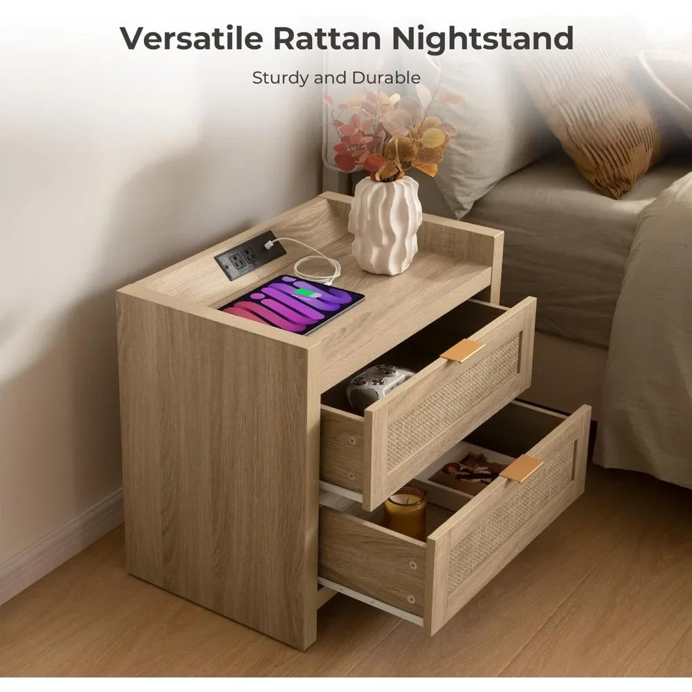 Rattan Nightstand with Type-C Charging Station 2 Drawers Storage