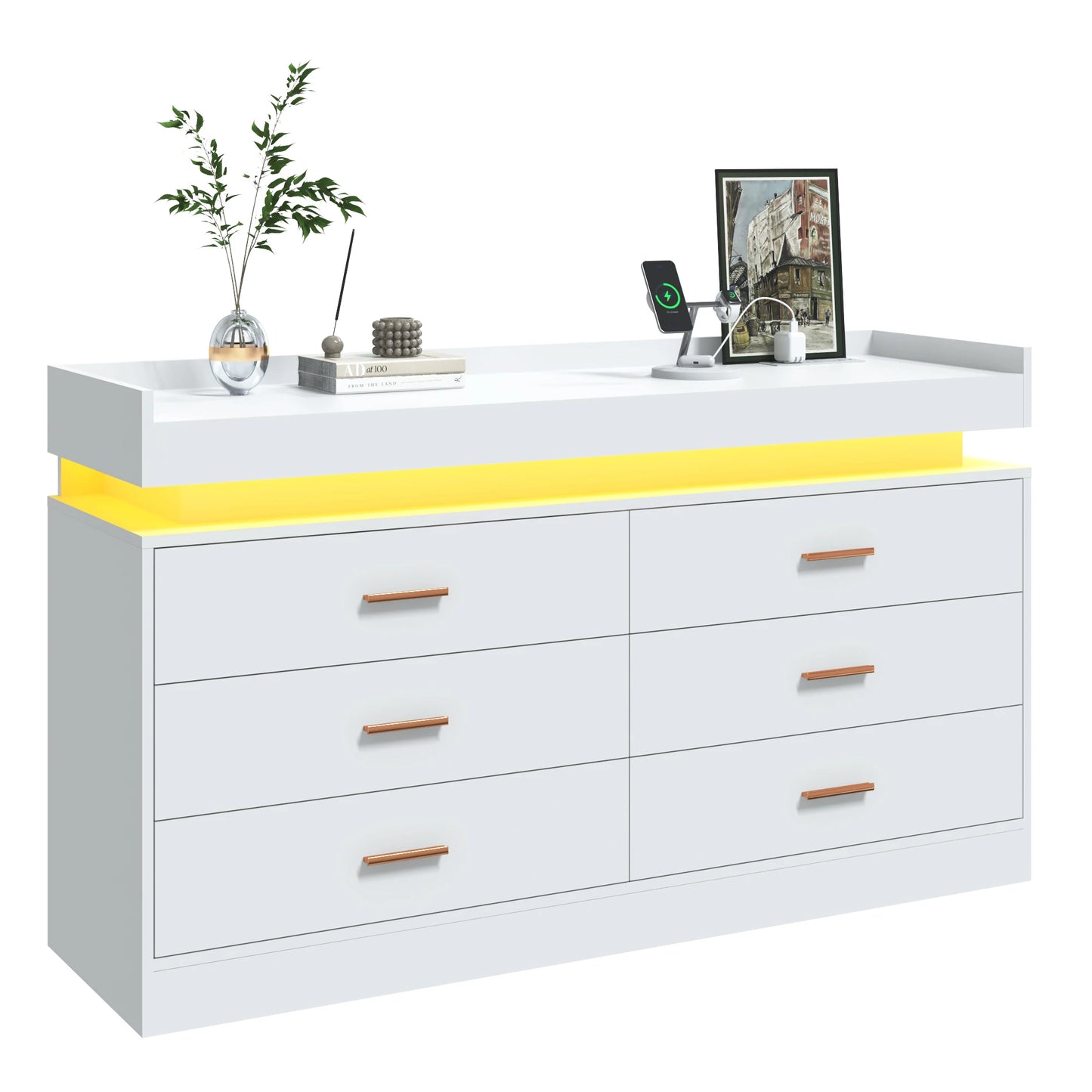 6 Drawer Dresser Modern Chest of Drawers with LED Light for Bedroom