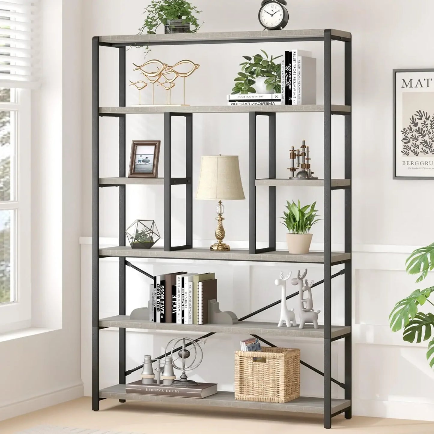 Tall Industrial Etagere Bookcase Modern Open 6 Tier Bookshelf Organizer