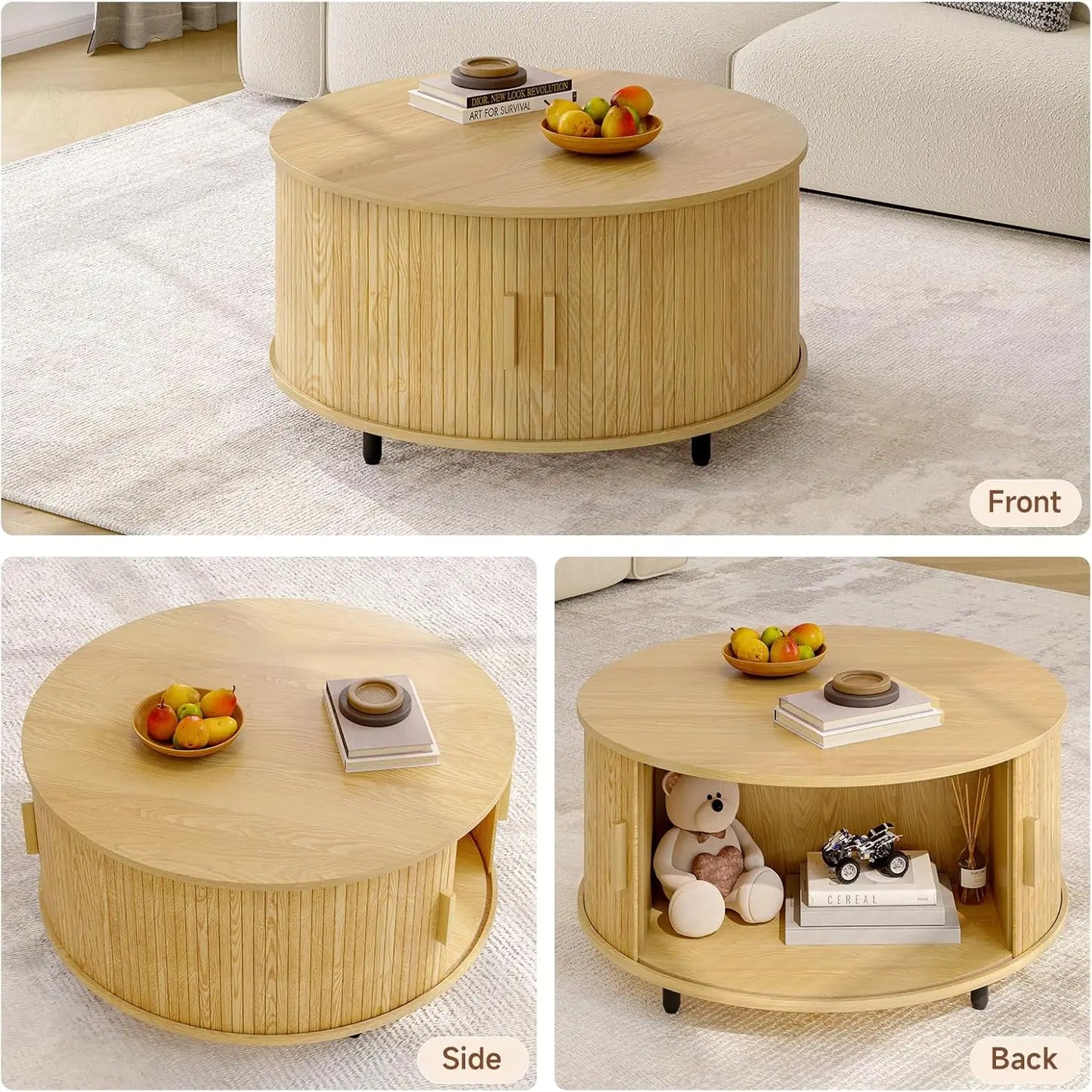 Round Coffee Table with Storage Modern 31.5 Inch Curved Sliding Door