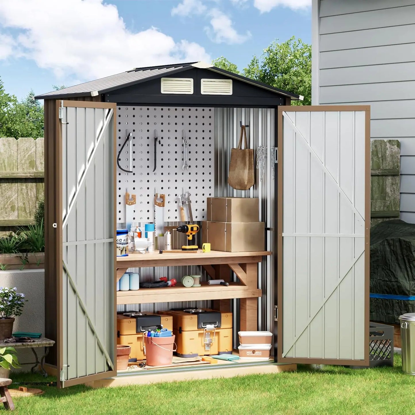 6x4FT Outdoor Steel Storage Shed Lockable Doors Garden Tool Storage