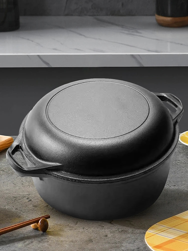 2 in 1 Cast Iron Dutch Oven Skillet Pot Set for Baking Camping BBQ
