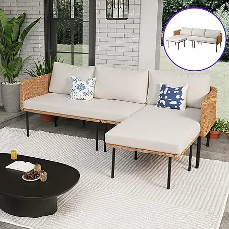 82 Inch Boho L Shaped Outdoor Couch Wicker Sectional Sofa