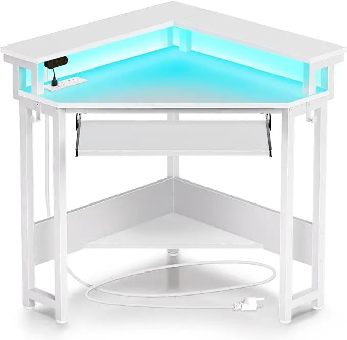 Corner Desk with Power Outlets LED Lights Gaming Computer Triangle Design