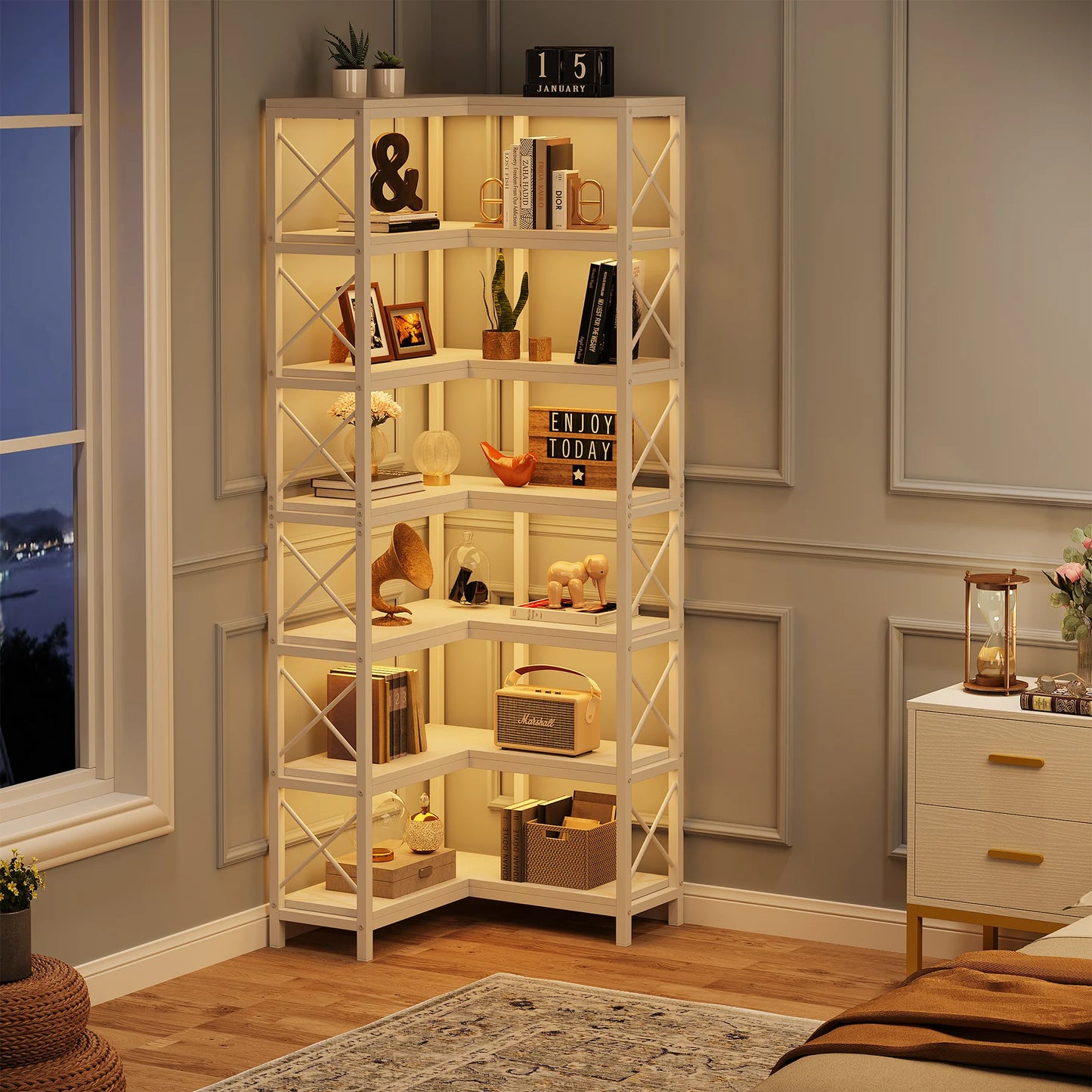 Ljustra 7-Shelf Corner Bookshelf Modern Corner Bookcase Storage Rack
