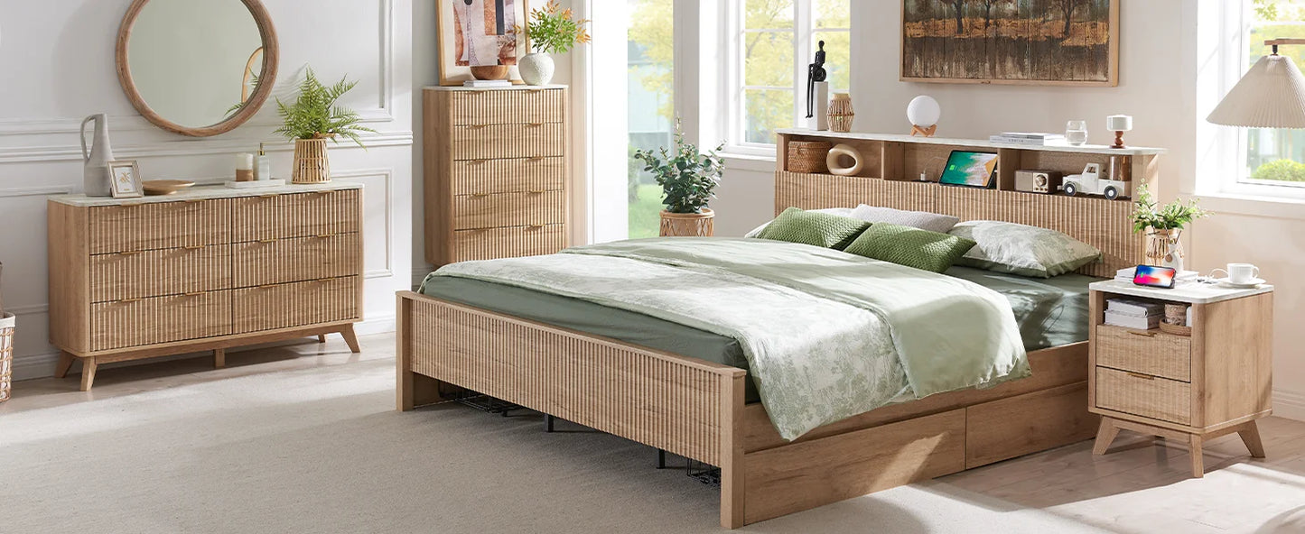 Modern 6 Drawer Dresser Faux Marble Top Fluted Chest of Drawers