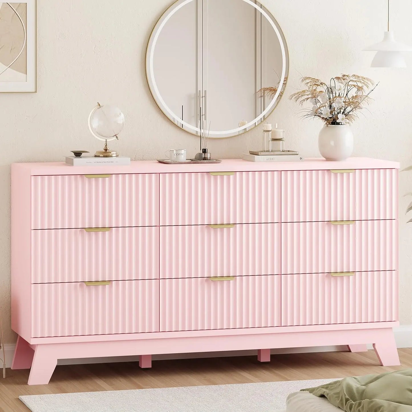 57 Inch Wide Fluted Dresser 9 Drawer Modern Chest of Drawers