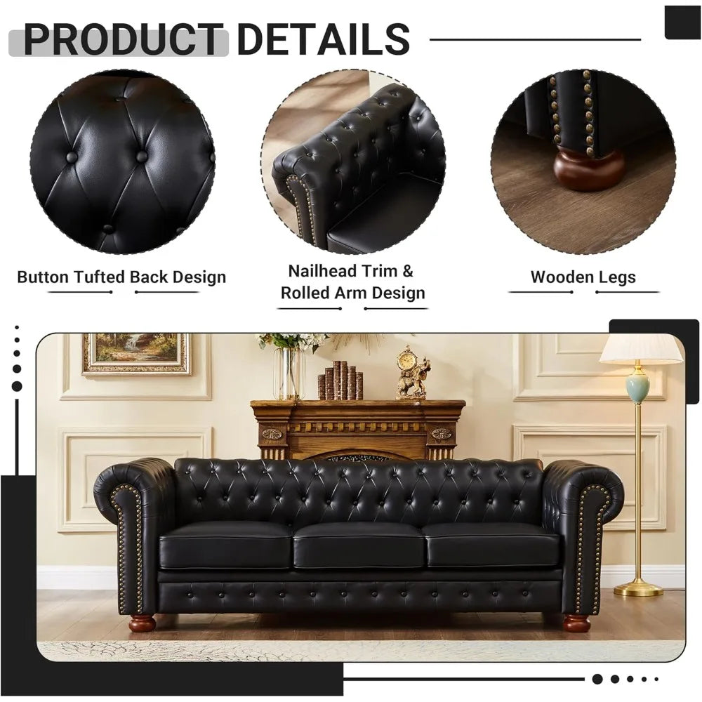 Chesterfield Leather Sofa 89 Inch Mid Century Modern Couch 3 Seater
