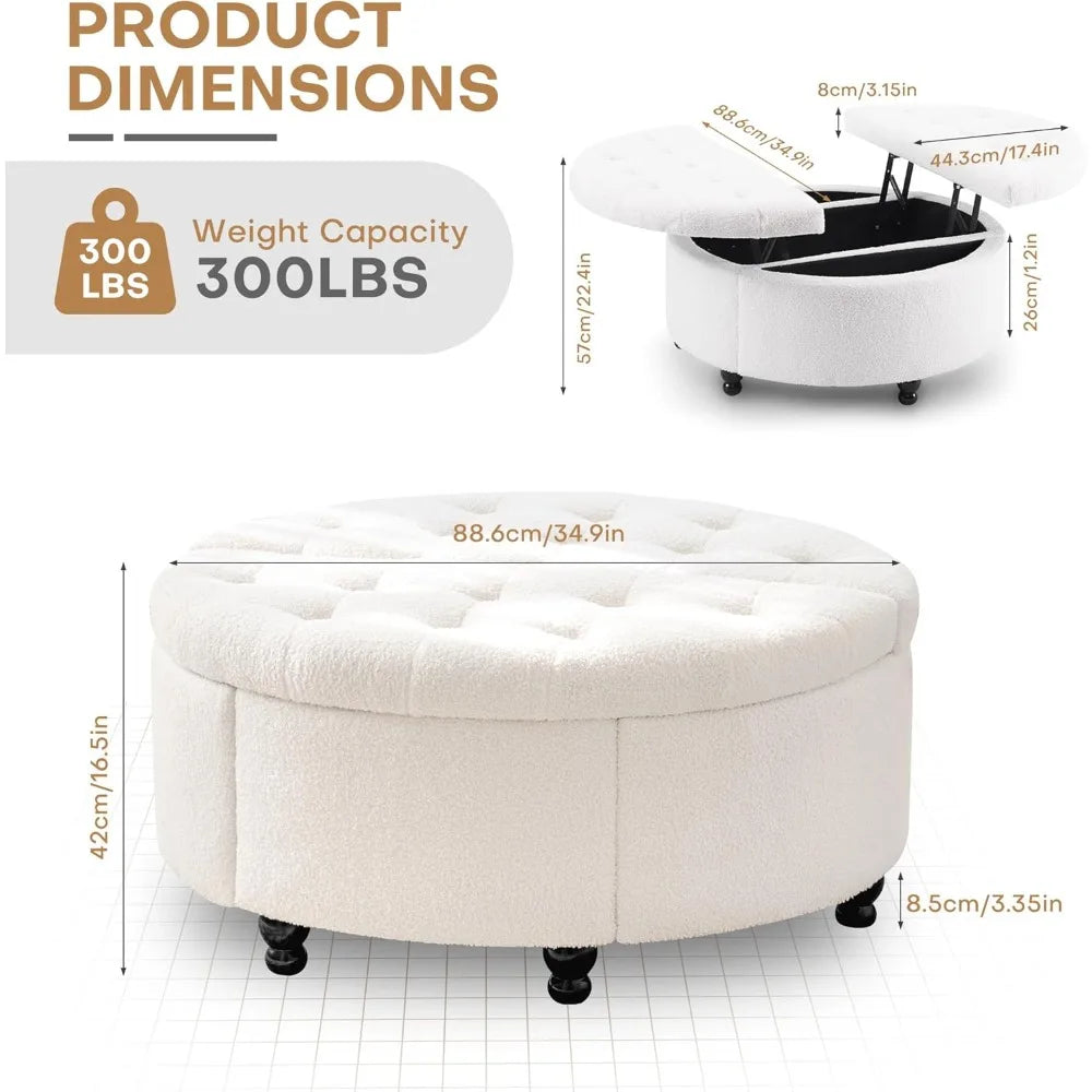 Round Storage Ottoman Coffee Table Upholstered Lift Top Footrest