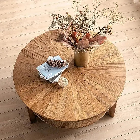 Wood Round Coffee Table 2 Tier Rustic Natural Living Room Storage