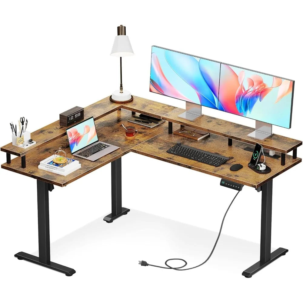 Electric L Shaped Standing Desk 59 Inch Adjustable Desk with Power Outlets