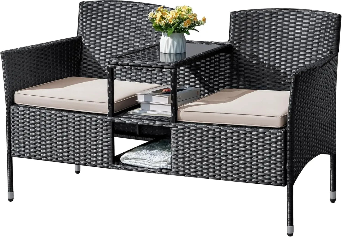 Ljustra Outdoor Loveseat Wicker Seat with Table Cushions Patio Bench