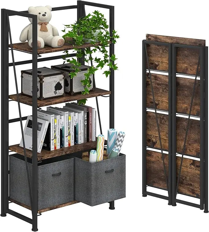 No-Assembly Folding Bookshelf 4 Tier Vintage Storage Organizer Rack