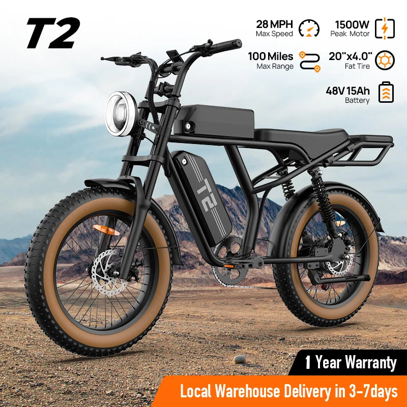 1500W Electric Mountain Bike 48V 100 Mile Range Fat Tire E-Bike