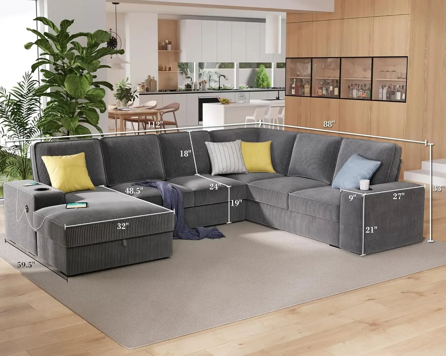 Ljustra U Shaped Couch 112 Inch Sectional Sofa with USB Ports