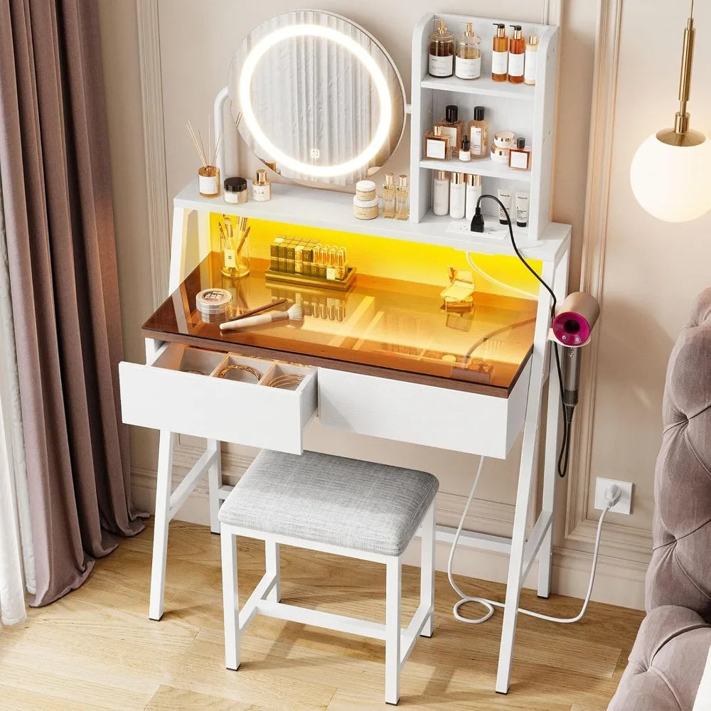 Ljustra Vanity Desk with Mirror and Lights Makeup Storage 2 Drawers