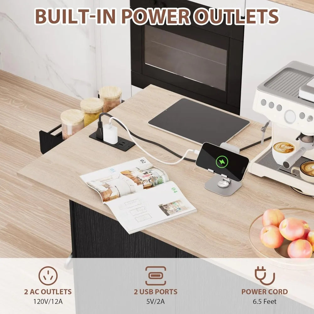 Kitchen Island with Storage on Wheels Drop Leaf Power Outlet Rolling Cart