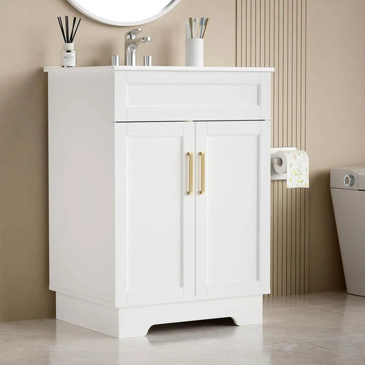 Bathroom Vanity with Ceramic Sink 24 Inches Wooden Cabinet