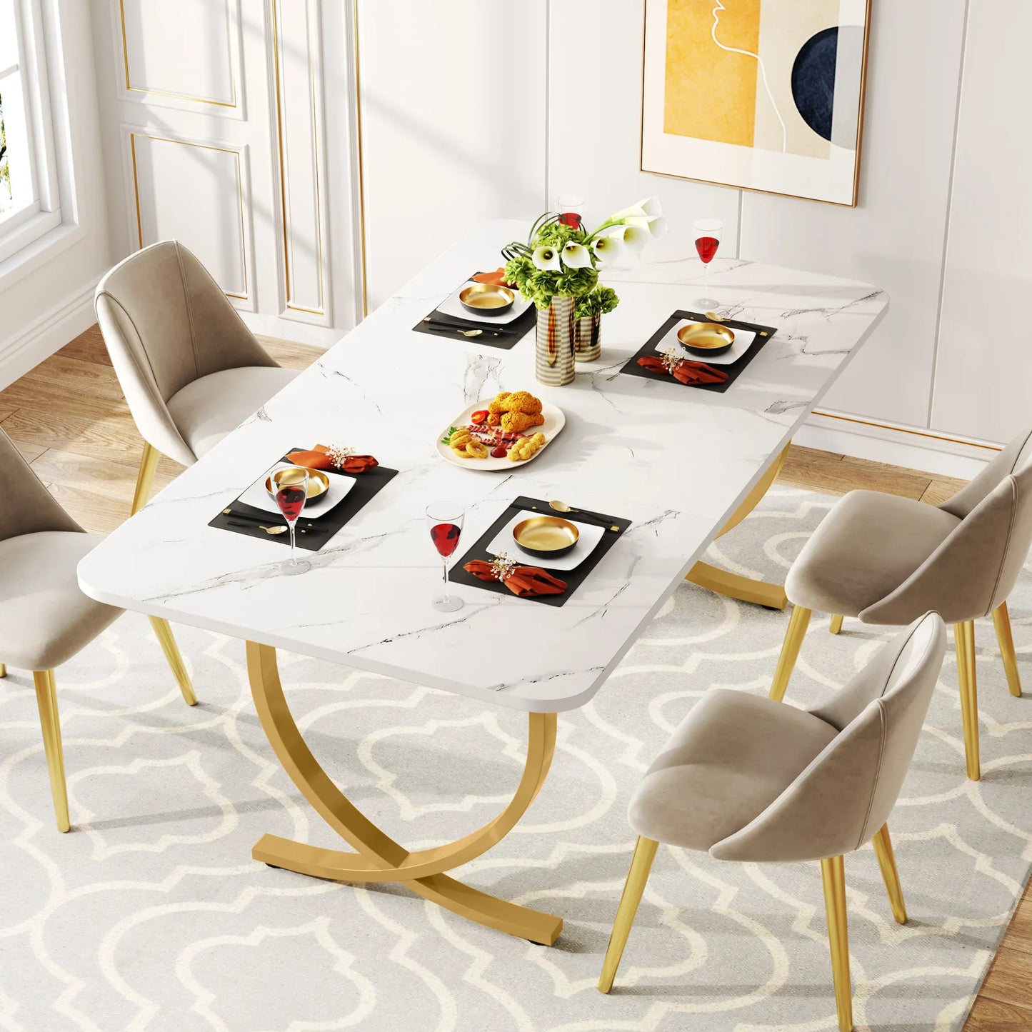 Ljustra 63 Inch Dining Table Rectangular Kitchen Faux Marble Modern Design