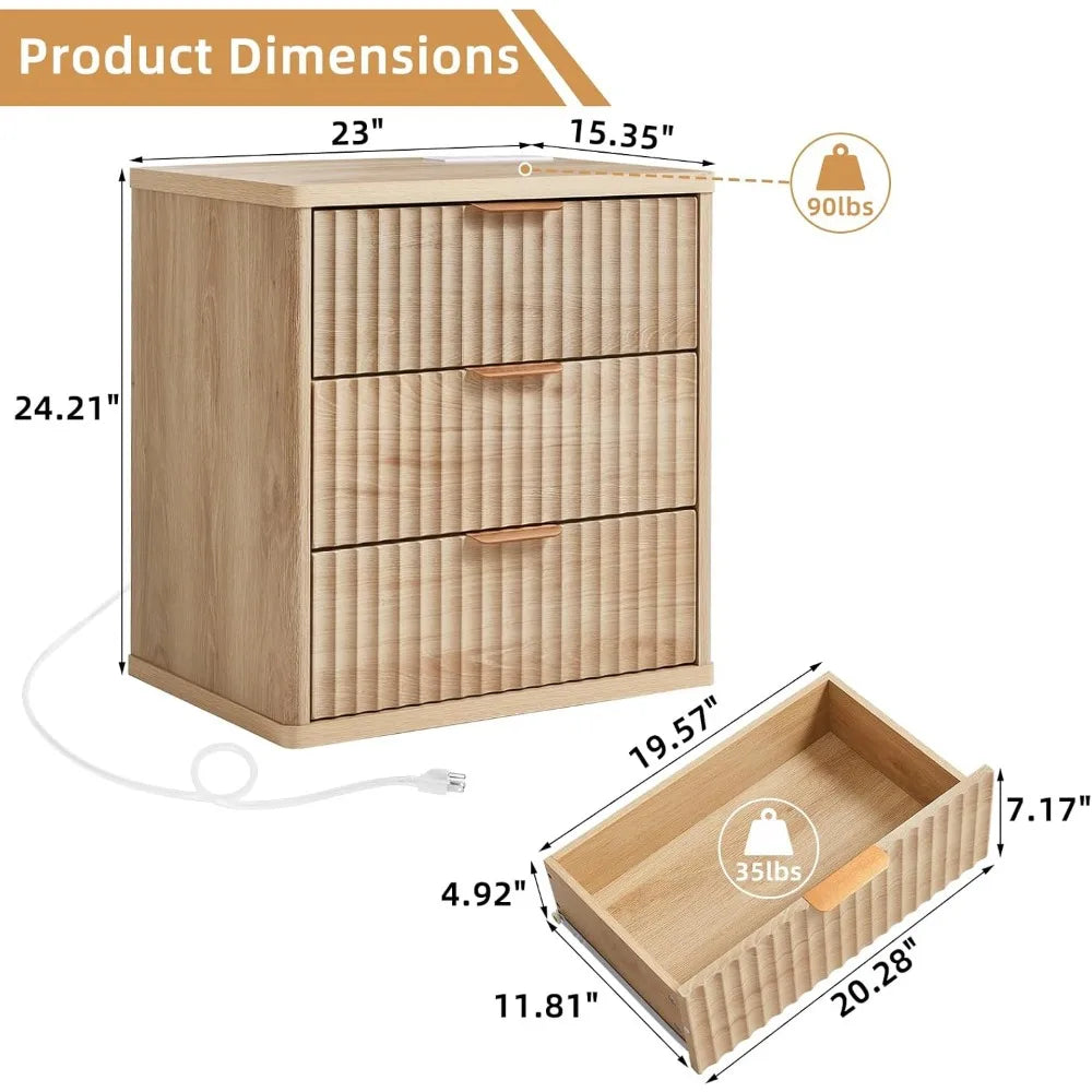 23 Inch Wide Fluted Night Stand Set of 2 with Charging Station and Drawers