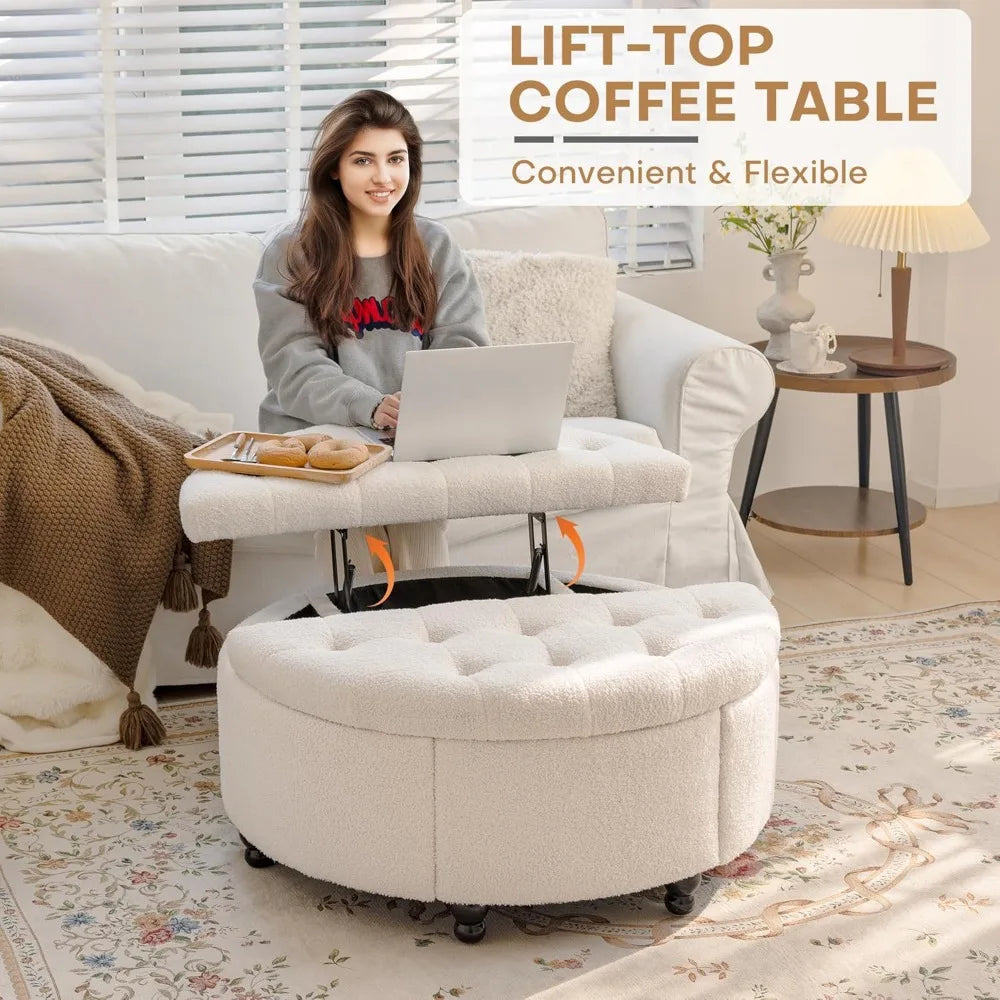 Round Storage Ottoman Coffee Table Upholstered Lift Top Footrest