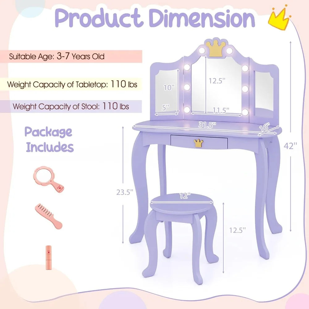Kids Vanity with Lights Girls Makeup Desk Mirror Stool Toddler Set