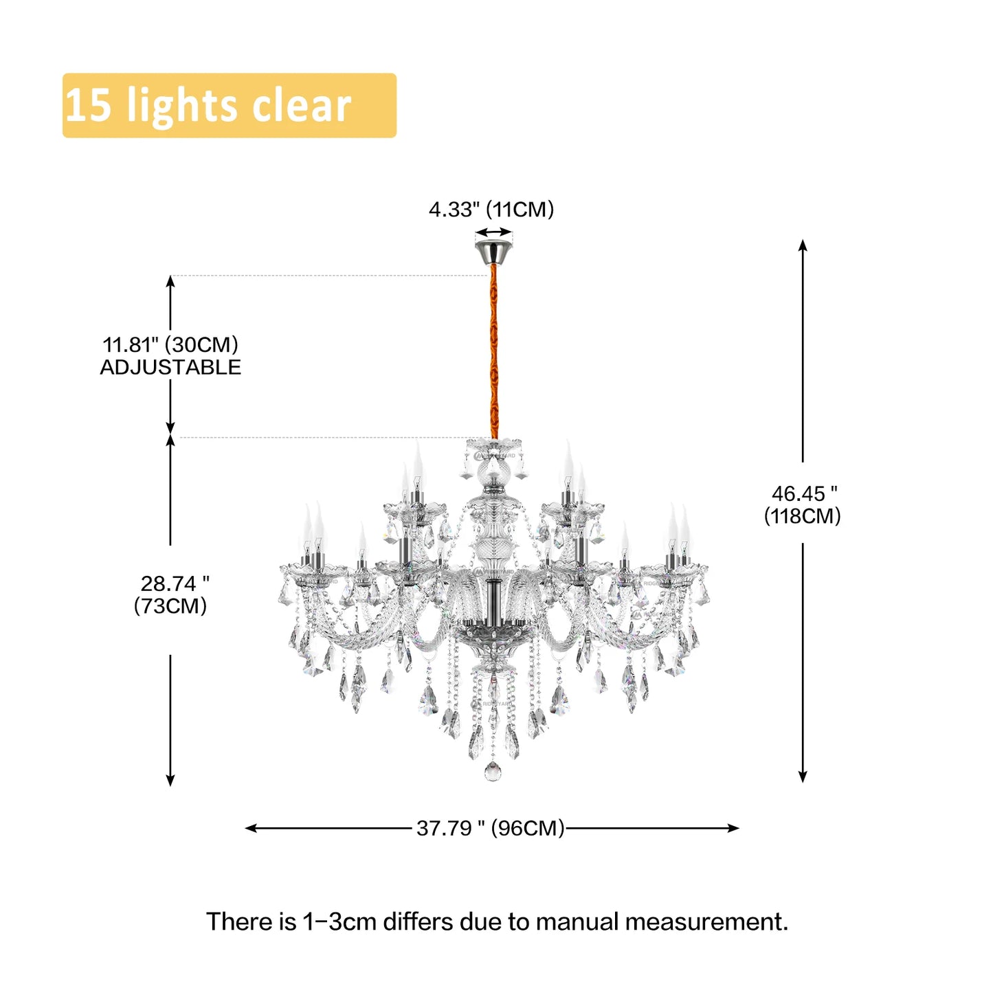15 Arms Crystal Chandelier Pendant Light Modern K9 for Living Room