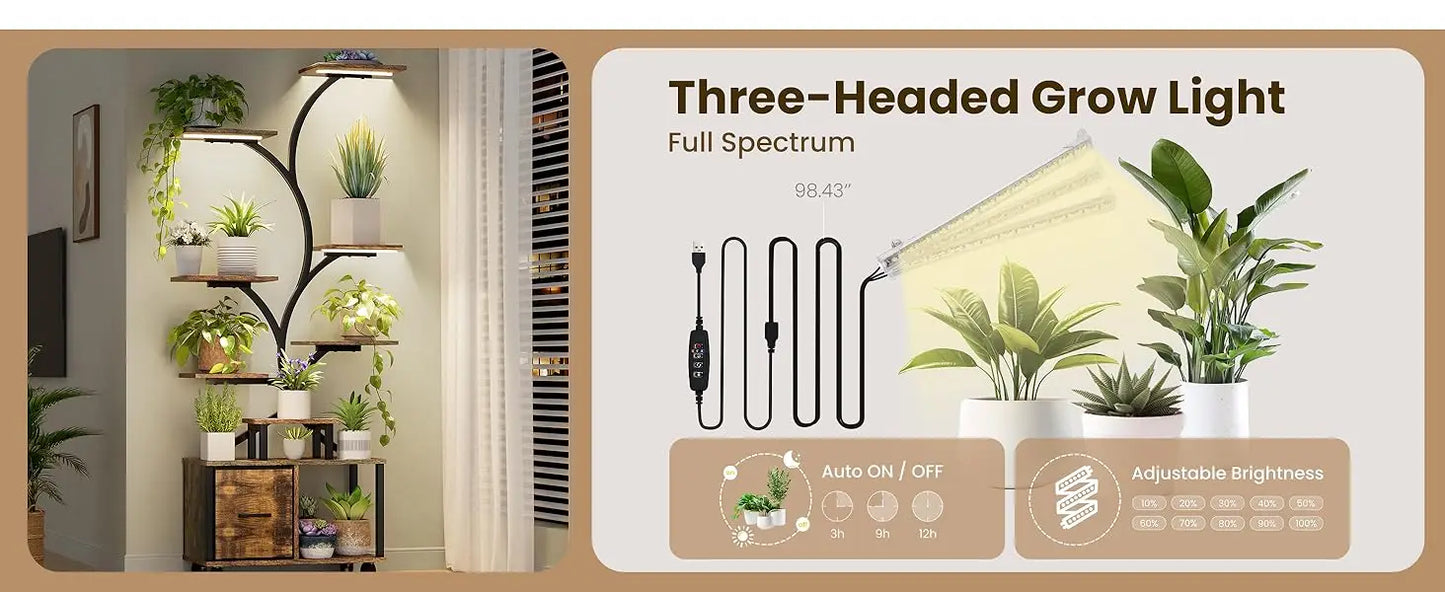 65 Inch Indoor Plant Stand with Grow Lights Tiered Metal Shelf with Wheels