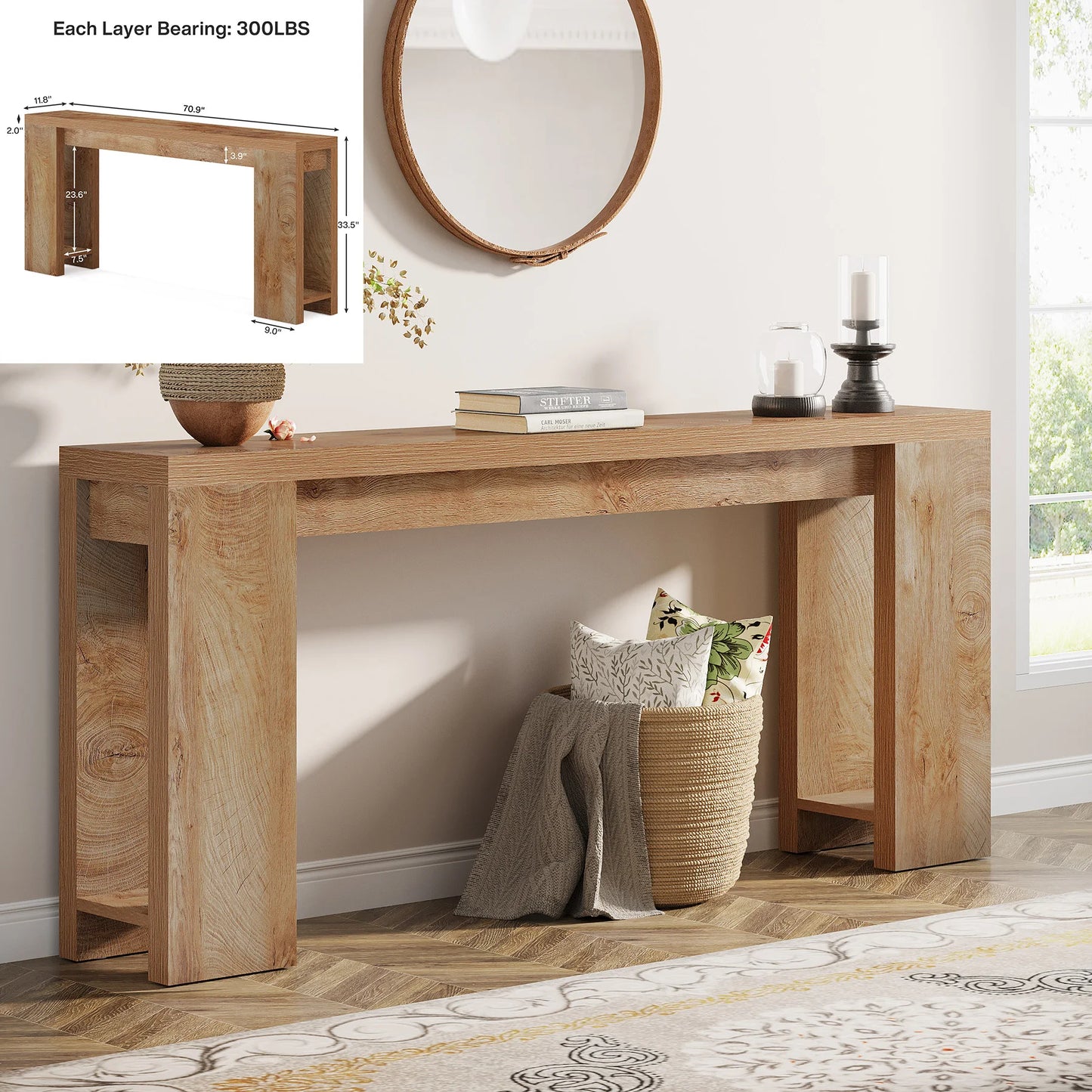 Ljustra 63 Inch Farmhouse Console Table Wooden Sofa Table Entryway Hallway