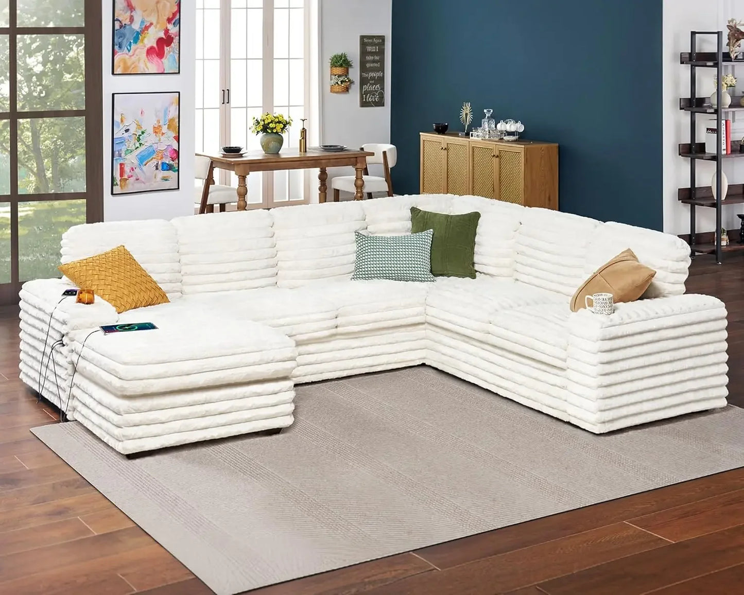 112 Inch U Shaped Sectional Sofa with USB Ports and Storage Chaise