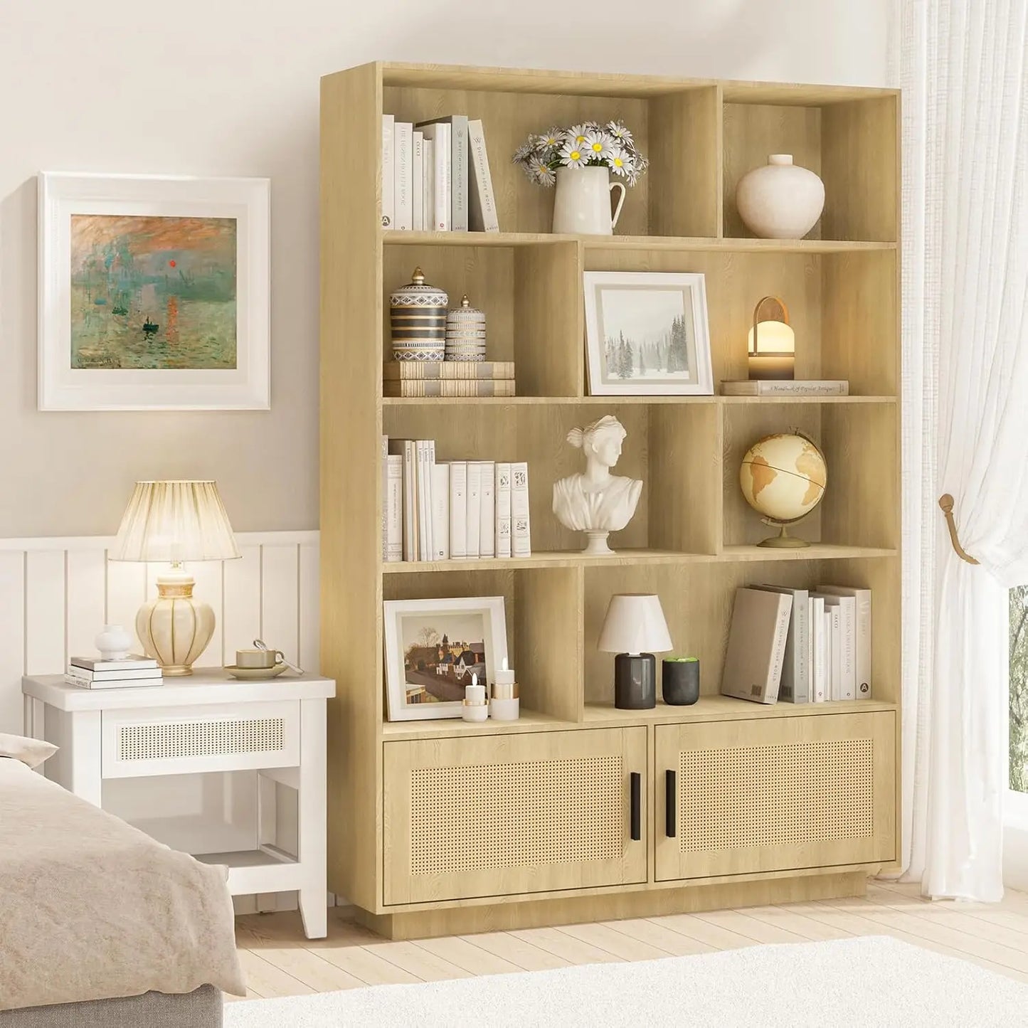 5 Tier Boho Bookshelf Rattan Doors Wooden Bookcase Storage Living Room