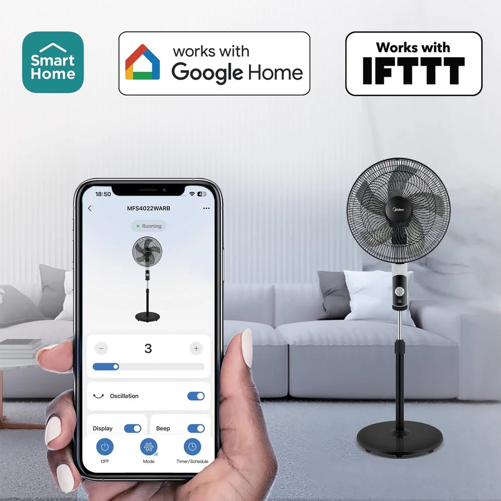 16 Inch Smart Pedestal Fan with 12 Speed Settings Wi-Fi Control Adjustable Height 12 Hour Timer Quiet Operation Remote Included