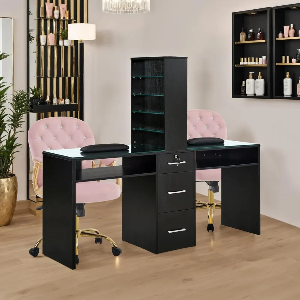 Double Manicure Table Modern Nail Desk Beauty Salon Storage Workstation