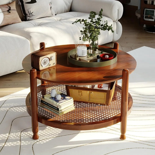 32 Inch Round Coffee Table Rustic Wood 2-Tier Boho Woven Storage