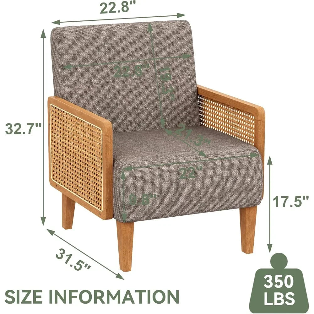Mid Century Modern Accent Chair Rattan Oak Wood Upholstered Armchair