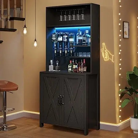 Farmhouse Bar Cabinet with LED Lights Wine Rack and Liquor Dispenser