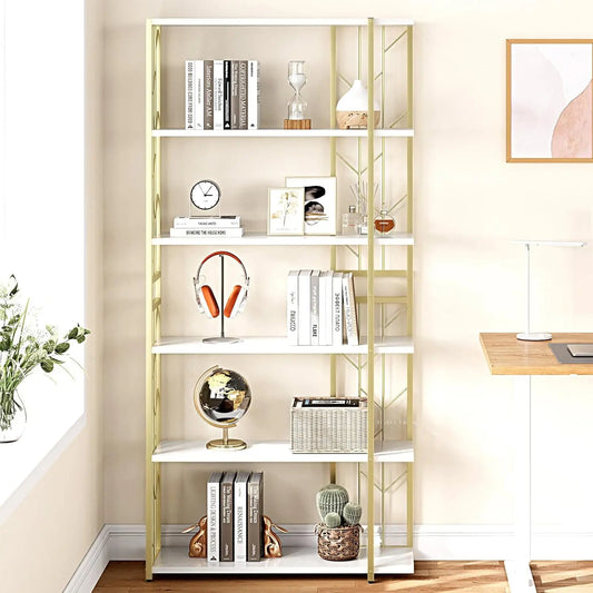 6 Tier Bookshelf Modern Storage Rack Tall Standing Bookcase Metal Frame