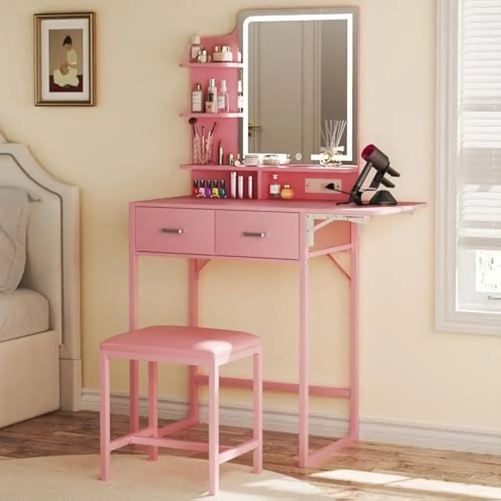 Makeup Vanity Desk with Foldable Panel Mirror Light and Storage