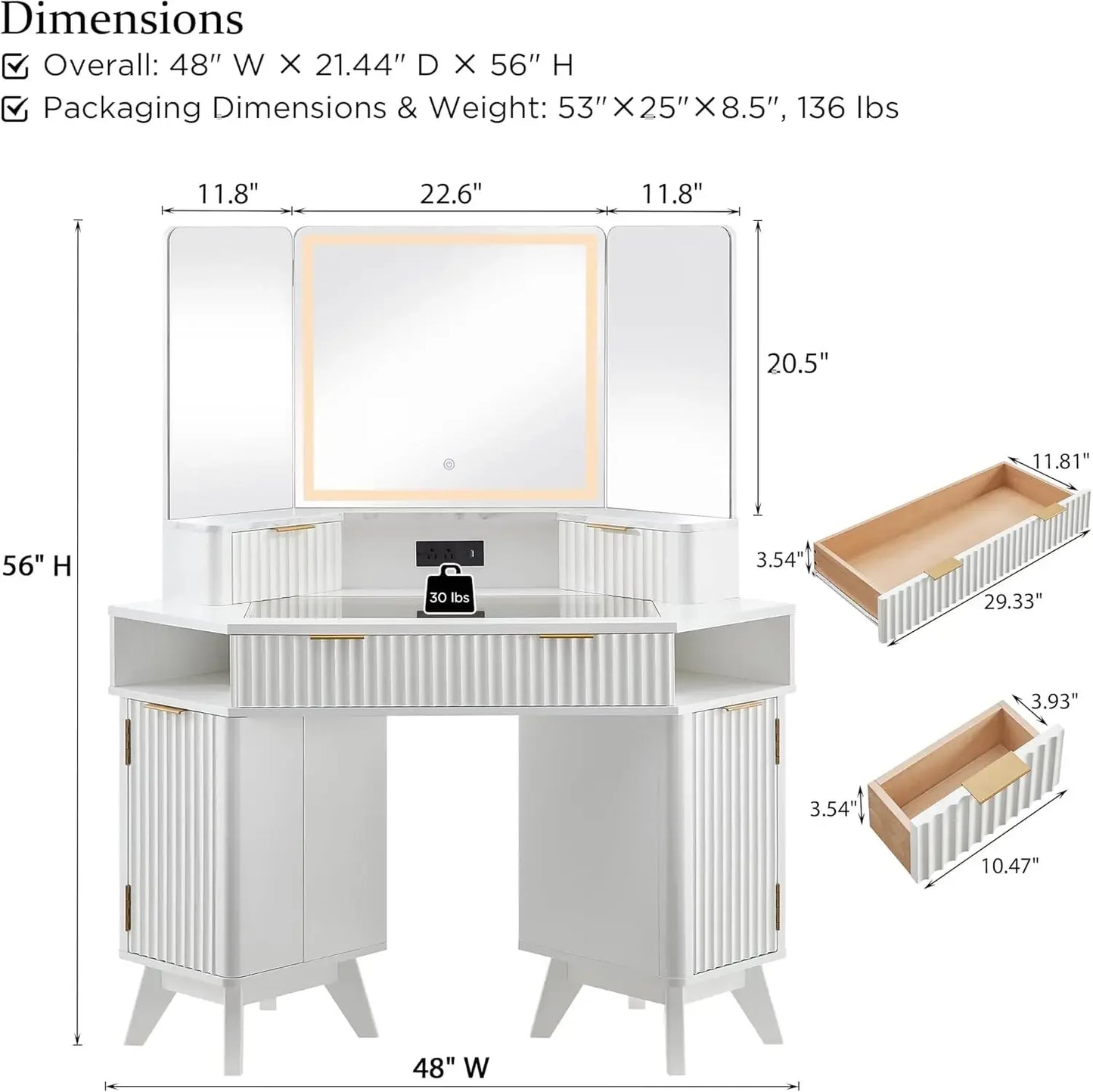 Fluted Makeup Vanity Desk with 3 Way Mirror and Lights 48 Inch