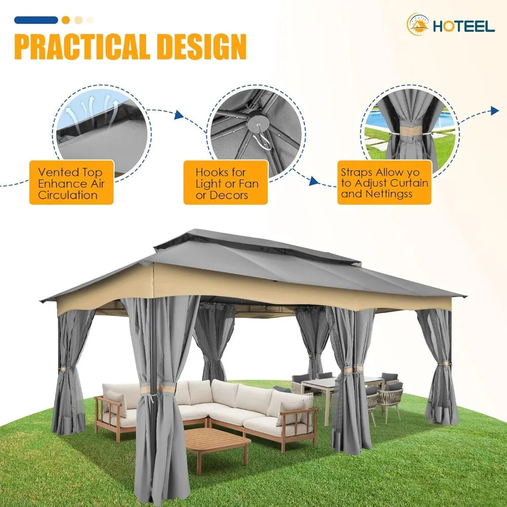 12x20 Outdoor Gazebo with Privacy Curtains Mosquito Netting Metal Frame