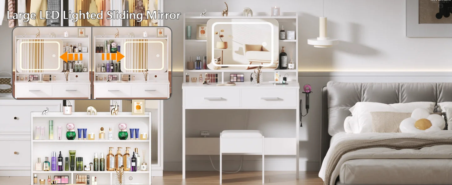 Satifur Vanity Desk with LED Mirror Power Outlets Makeup Stool Set